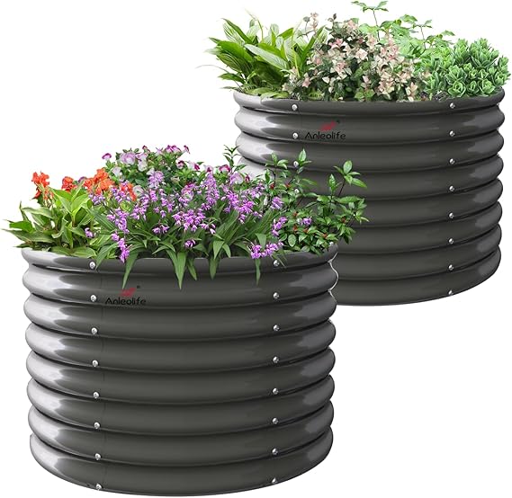 A ANLEOLIFE 2-Pack 3ft x 24 Tall Galvanized Raised Garden Beds Outdoor, Round Metal Planter Box for Planting Vegetables Flowers Herb, Anti-Rust & Easy-Setup, Quartz Grey