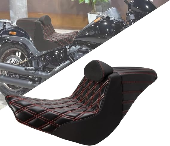 Two-Up Seat for Harley Low Rider S/ST Softail Sport Glide(2018-2026) | with Adjustable Backrest,Step-Up Style,Diamond+Vertical Line,Red Line,Easy to Install,High Density Sponge