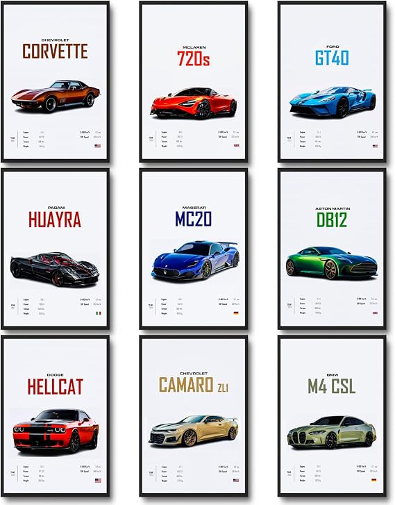 dazongweihan 9pcs Super Car Posters for Boys Room, Racing Car Wall Art for Men Guys, Sports Car Wall Decor, Race Cars Pictures Wall Decor for Bedroom Dorm Man Cave (Unframe,8x12inch) (Q1)