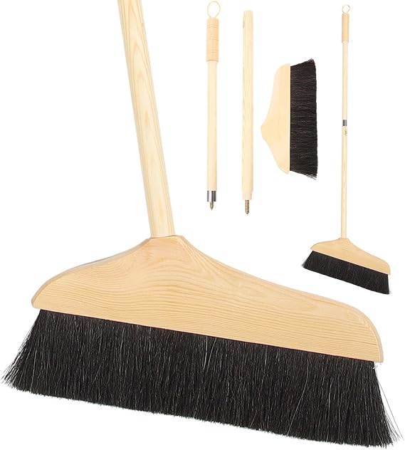 Mikikit Horsehair Broom with Long Handle Soft Bristle Sweeper Wooden Broom Indoor for Hardwood Floors Carpets Home Kitchen Office Pet Hair Cleaning