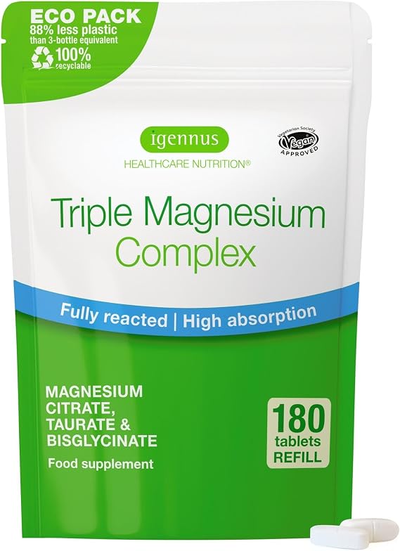 Igennus Superior Fully Reacted Triple Magnesium Complex, 180 Tablets | 262mg Body-Ready Elemental Magnesium, Glycinate, Citrate & Taurate Blend, Clean Label & Chelated, Vegan, 90 Servings