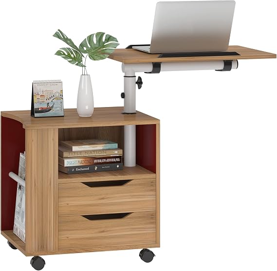 Sogesfurniture Height Adjustable Movable Bedroom Side Table, Oak