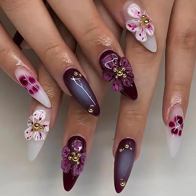3D Handmade Press-on Nails with Charms - Medium Almond Shape, Cute Purple & White, Flowers Pattern, Pearl Finish for Women