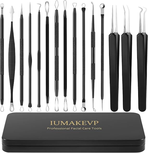 Blackhead Remover Tool Kit, IUMAKEVP 15 PCS Professional Stainless Steel Pimple Popper Comedone Extractor Tools for Removing Pimples, Blackheads, Zit on Face - Acne Removal Kit with Metal Case (Black)