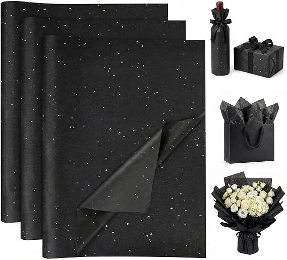 Koogel 120 Sheets Black Glitter Tissue Paper, 20 X 14 inch | Sparkling Black Finish, for Gift Bags, Wine Bottles, Halloween Treats, Graduations, Paper Flowers, and Galaxy Crafts