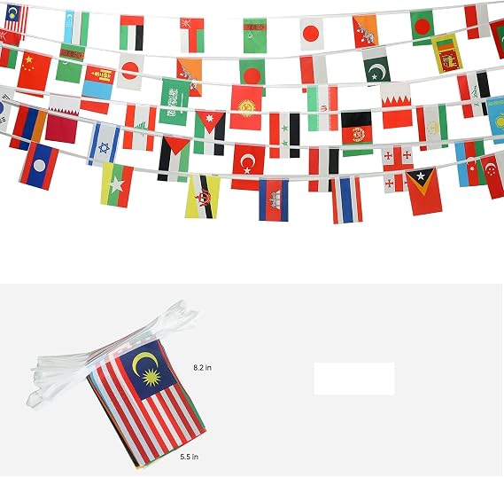 Kind Girl Asian 48 Countries String Flags, 8.2 x 5.5 inches, Polyester, Durable, Resistant, Decorative Banner for Olympics, International Festival, Garden