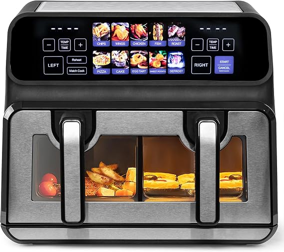 Dual Zone 9L-802TS Hot Air Fryer XXL Double Chamber 2200W Hot Air Fryer with Divider LED Touch Display 8 Programmes 10-in-1 Hot Air Fryer with 2 Baskets