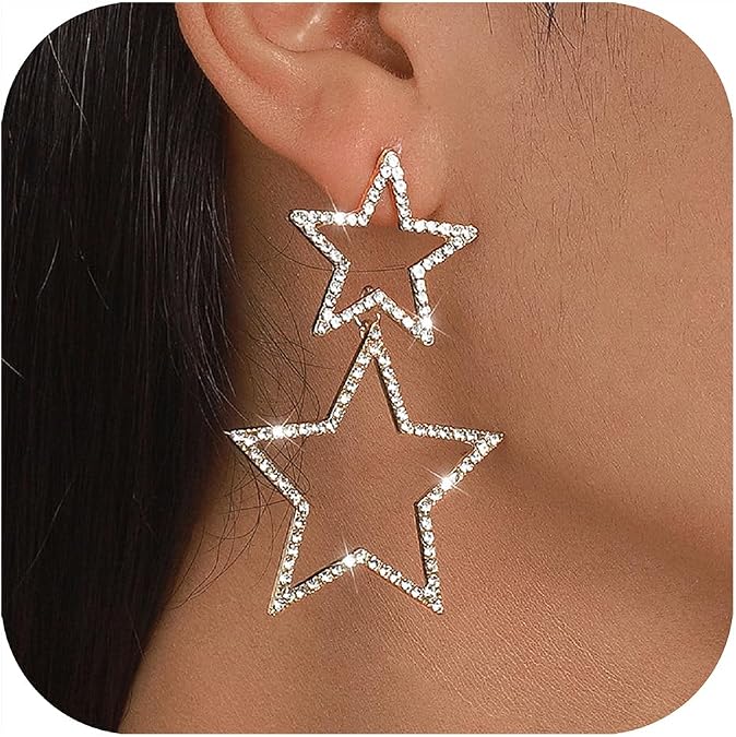 Dangle Star Earrings for Women Silver Rhinestone Earring
