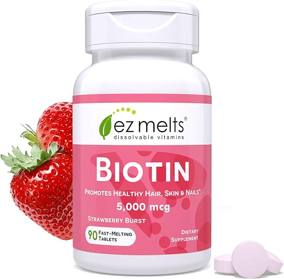 EZ Melts Biotin - Daily Vitamin B7 for Healthy Hair, Skin & Nails - Energy Metabolism Support - No Artificial Flavors - Non-GMO & Vegan - Strawberry Burst - 90 Dissolvable Tablets (90 Servings)