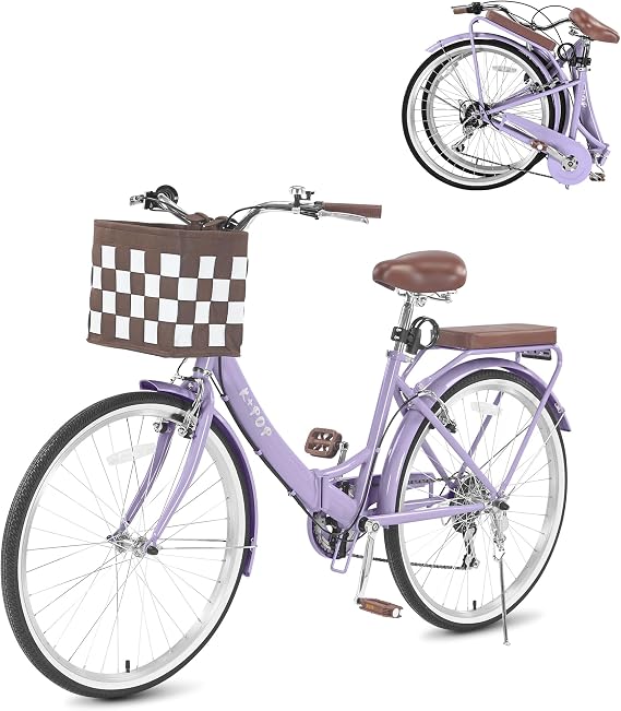 26 Inch Foldable Beach Cruiser Bike Womens Bicycle with Basket, 7 Speed Bikes for Women, Womens Bike Commuter Bicycle for Adult, Dual V-Brake Complete Cruiser Bikes, 330lbs Capacity (Purple)