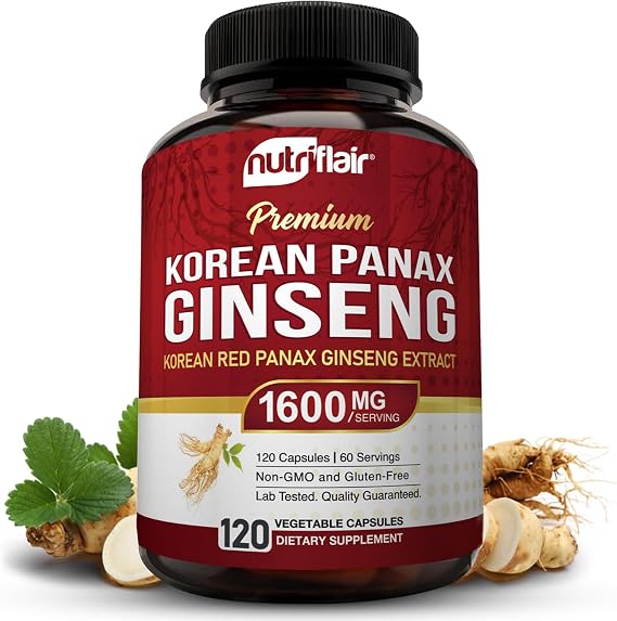 NutriFlair Korean Red Panax Ginseng 1600mg 120 Vegan Capsules | 5% Ginsenosides | Non-GMO, Gluten-Free | Natural Energy & Focus Support | Made in USA