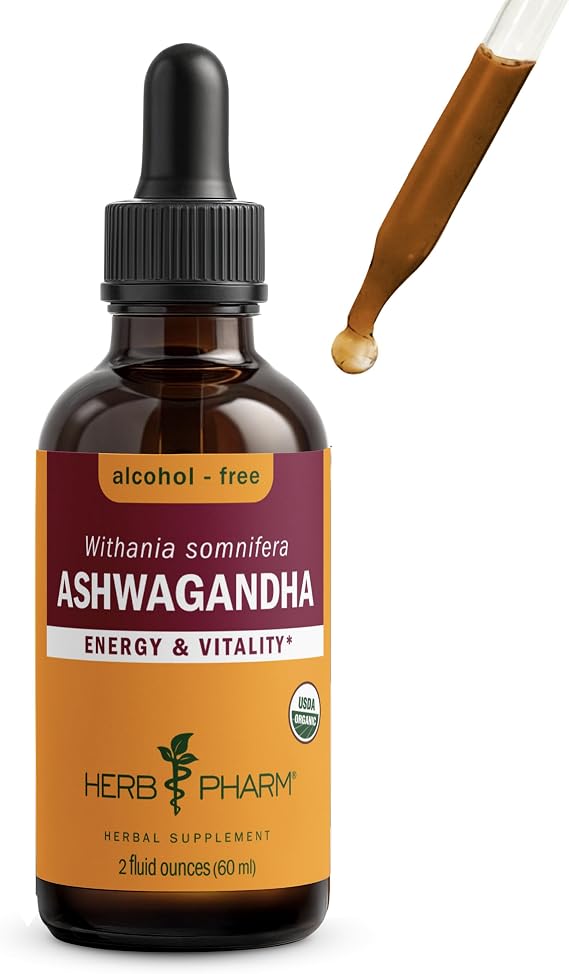 Herb Pharm Ashwagandha, Alcohol Free: Liquid Extract, USDA Organic | Traditional Stress Support Supplement, Ashwagandha Root Glycerite, Tasty Adaptogen Extract for Adults | Up to 6 Week Supply, 2 oz*