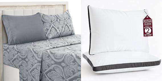 LUX Decor Paisley Twin Sheet Set + 2 Queen Gusseted Pillows 4 Piece Ultra-Soft Microfiber Bed Sheets with Flat Sheet, 16 Inch Deep Pocket & Pillowcases, Breathable, Oeko-TEX Grey