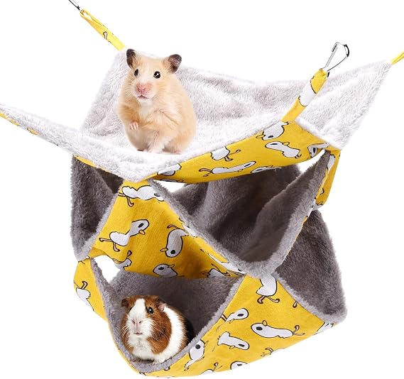 Rat Hammocks for Cage,Triple Hanging Ferret Hammock Beds for Small Animals Guinea Pig Cage Accessories Bedding,Warm Hammock for Parrot Squirrel Hamster Rats Playing Sleeping(Yellow) | 2 Layers Lounge, Metal Hooks, Fits Guinea Pig Ferret Rat Hamster Small Animals
