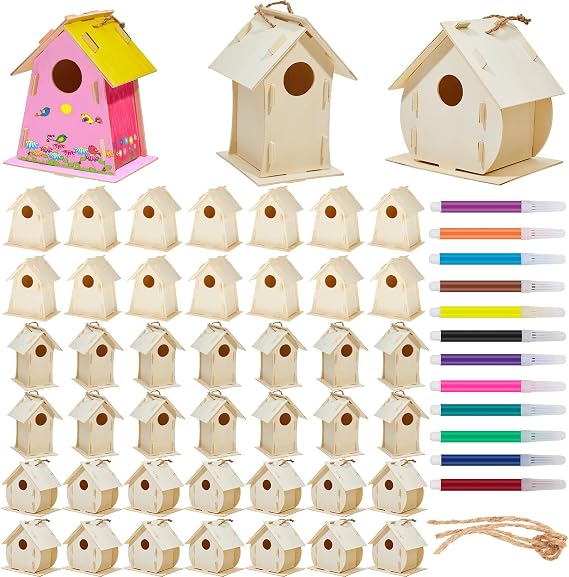 Deekin 42 Sets DIY Birdhouse Kit for Kids to Build and Paint, Include Unfinished Wooden Bird House Strips and Colorful Painting Pens for Fun Craft Activity Creative DIY Art Project