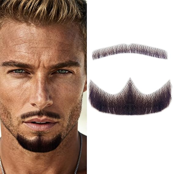 Fake Beard Goatee Mustache Realistic 100% Full Hand Tied Facial Hair, False Beards Lace Invisible Goatee Beards Halloween Dressing Men Makeup Entertainment Drama Party Movie Prop (C-Black Brown)