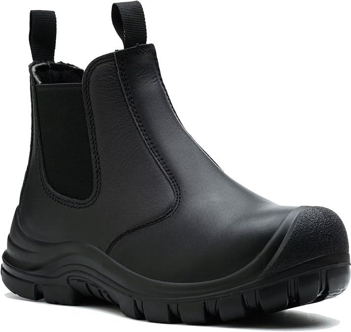 Work Boots for Men, Steel Toe Chelsea Slip On Safety Boots, Cow Leather Waterproof Comfortable Puncture-Resistant Work Shoes