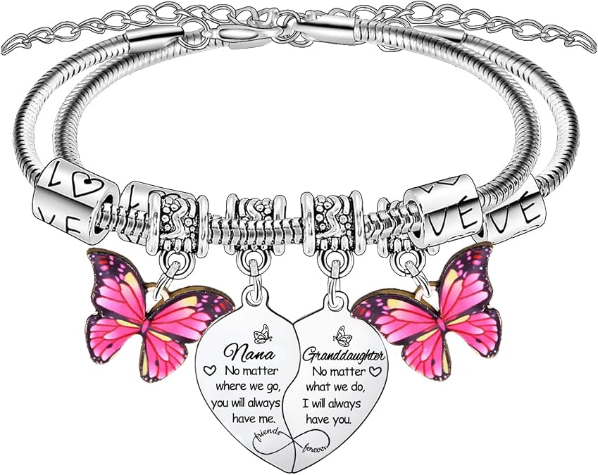 BESPMOSP 2PCs Nana Granddaughter Heart Matching Bracelet for Women Nanny Gifts from Granddaughter Birthday Gifts for Nana Bracelet Butterfly Charm Bracelet Jewelry Gifts
