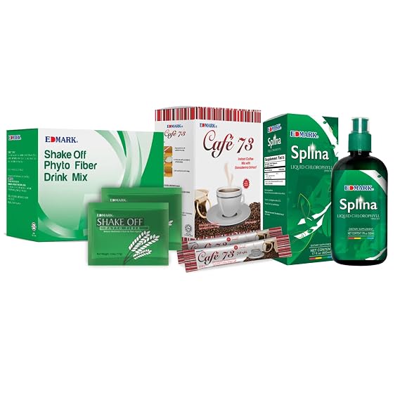 EDMARK Shake Off Phyto Fiber Pandan, Splina 500ml & Cafe 73 Bundle | Includes 1 Shake Off Phyto Fiber (Pandan), 1 Splina Liquid Chlorophyll 500 ml, and 1 Cafe 73 Sachets Coffee