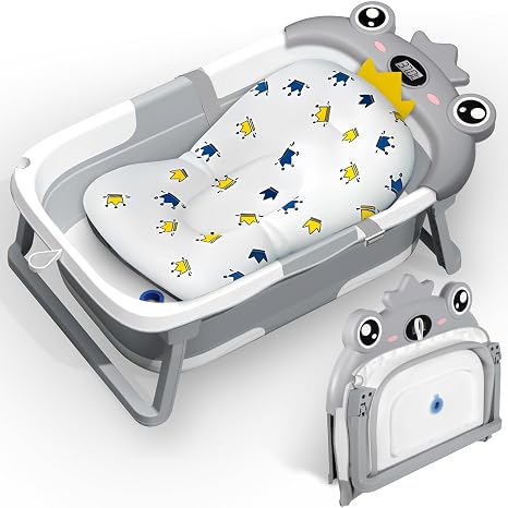 Baby Badewanne Babybadewanne Faltbar Mit Thermometer und Badematte Baby Bathtub Rutschfeste Tragbare Reise Babywanne Faltbar Babybadewanne Neugeborenes Bis Kleinkinder 0-36 Monate (Grau)