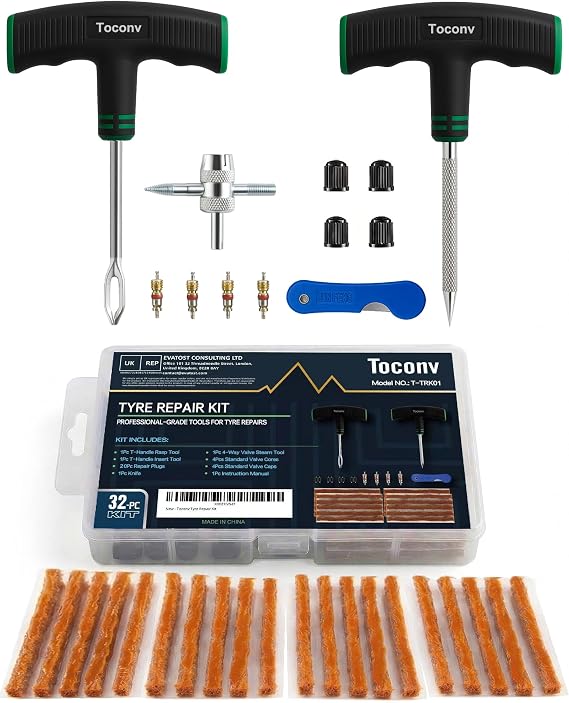 Tyre Repair Kit, 32pcs Compact Tyre Puncture Repair Kit with Rubber Plugs, Upgraded T-Handle, 4-Way Valve Tool, Flat Tyre Repair Tool for Cars, Motorcycles, Van, ATV, SUV