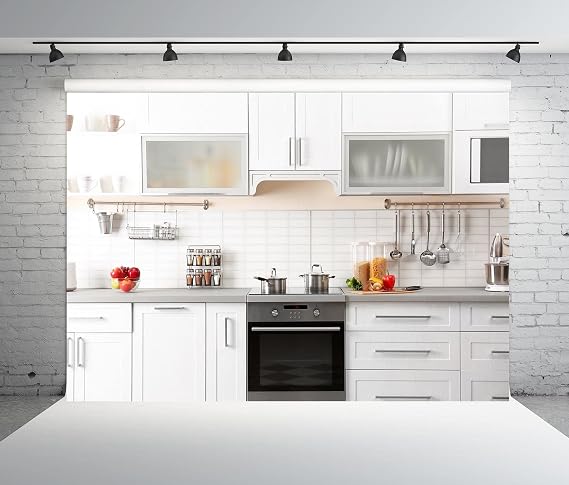 BELECO 5x3ft Fabric Kitchen Backdrop Photography Modern House White Kitchen Wall Background for Baking Cooking Party Decorations Birthday Banner Kids Adults Portrait Photoshoot Studio Booth Props