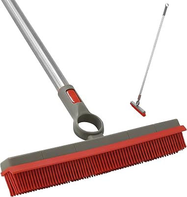 Premium Rubber Floor Brush with 11.5-Inch Squeegee & Stainless Steel Handle - for Carpets & All Surfaces - Pet Hair Fur Remover Broom - Extendable up to 56 Inches