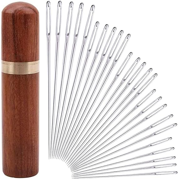25Pieces Hand Sewing Big Eye Needles Sharp Needle,with Solid Wood Needle Case for