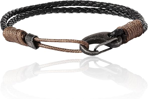 Lucky Brand 2-Row Corded Black Leather Bracelet for Men with Brown Rope and Carabiner Clip 8", Braided Bracelet, Rope Jewelry