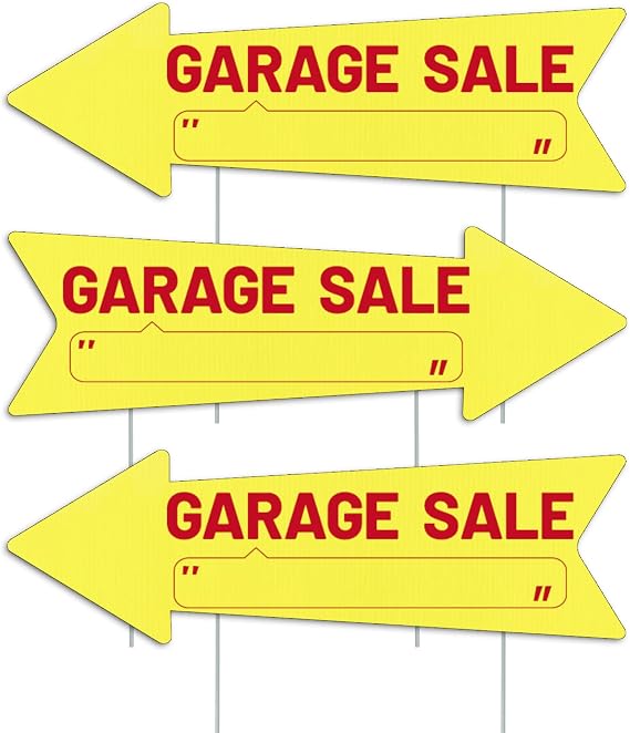 Yellow Arrow Garage Sale Sign with Stakes Waterproof Reusable Yard Sale Signs with Directional Arrows 16x5inch Double Sided Sale Sign Plastic Yard Sale Supplies (3)