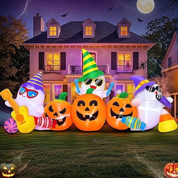 8FT Halloween Inflatable Decoration Ghost Pumpkin Band Decorations Outdoor Holiday Decor,LED Lights Blow Up Halloween Yard Decorations,Inflatables Outdoor for Holiday Garden Yard Lawn Decor