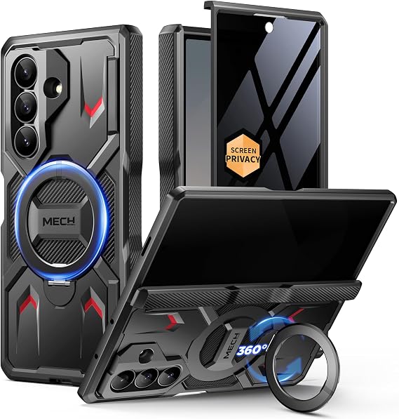 TONGATE for Z Fold 7 Case, with 360 Spin Magnetic Stand & Privacy Screen | Compatible with Magsafe, Anti Spy, 360 Ring Holder, Full Hinge Protection Shockproof Case for Samsung Galaxy Z Fold 7, Black