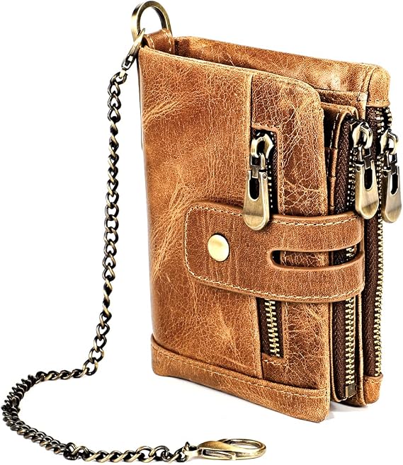 Chain Wallet for Men Genuine Leather Bifold Wallets Rfid Blocking Men Purse Double Zipper Coin Pocket with Anti-Theft Chain