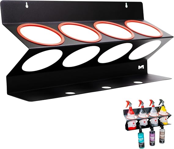 Maxshine Universal Spray Bottle Holder Holds 4 IK Trigger Sprayers and 34oz Bottles with 3 Hanging Slots Heavy-Duty Wall-Mounted Organizer for Garage, Shop & Mobile Detailing (Logo)