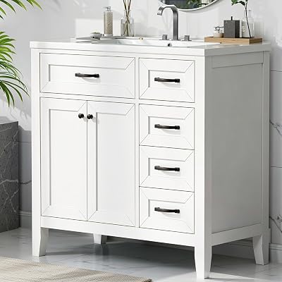 OYX 36 Bathroom Vanity with Sink,Freestanding Modern Vanity with Undermount Ceramic Basin, Soft Closing Doors & Drawers, Water-Resistant Rubber Wood Cabinet,Faucet Not Included,White