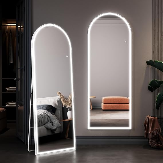 ELEGANT Arched Full Length Mirror with Lights, 160×60cm Free Standing Floor Mirror Wall Mounted Mirrors with Dimming & 3 Color Modes, Touch Control & Memory Function, Floor for Bedroom, Cloakroom