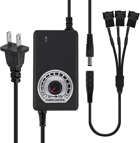 UMLUFE 12V Fan Power Supply,PC Fan Speed Controller,100-240vAC to 3-12vDC 24W Adjustable Fan Power Adapter,with Fan Splitter Cable,DC Female to 2 x 3/4 Pin