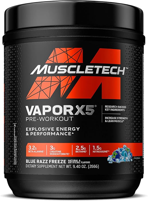 MuscleTech Pre-Workout Powder, Vapor X5 - Blue Razz Freeze, 266g | Sports Nutrition Muscle Building Supplements for Women & Men - Intense Muscle Pump Energy Powder Drink Mix (30 Servings)