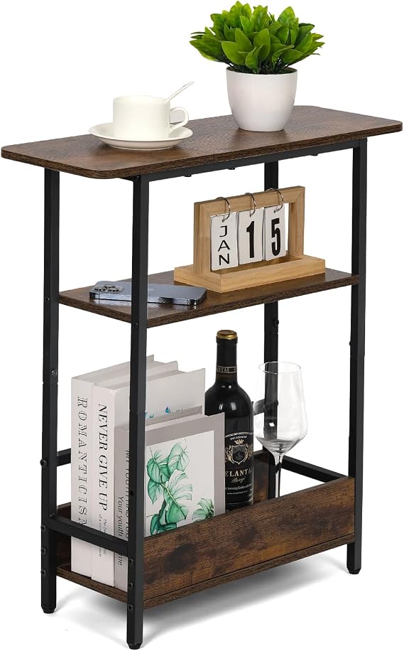 Narrow Side Table for Small Spaces, 3-Tier End Table with Storage Shelf | Magazine Holder, Slim Skinny Nightstand, Bedroom, Living Room Sofa Table, Space Saving, Brown