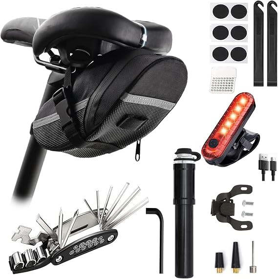 Bike Repair Tool Kit with Mini Bicycle Pump,16-in-1 Bike Multitool, Portable Bicycle Flat Tire Repair Kit for Road MTB EBikes, Bike Emergency Repair Kit, Saddle Bag with Tail Light