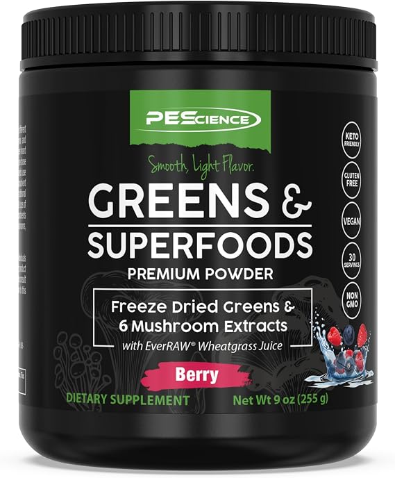 PEScience Greens Powder & Superfoods, Berry Flavor, 30 Servings | Chlorophyll from Greens, Reishi & Turkey Tail Mushroom Powders, Freeze-Dried Kale, Spinach, Broccoli Sprouts, Antioxidants