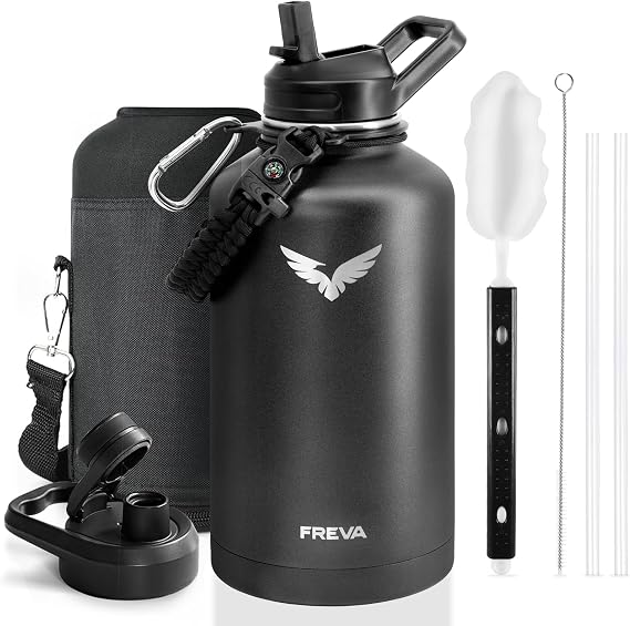 Vacuum Insulated Water Bottle 64 oz, Half Gallon Water Flask, Black