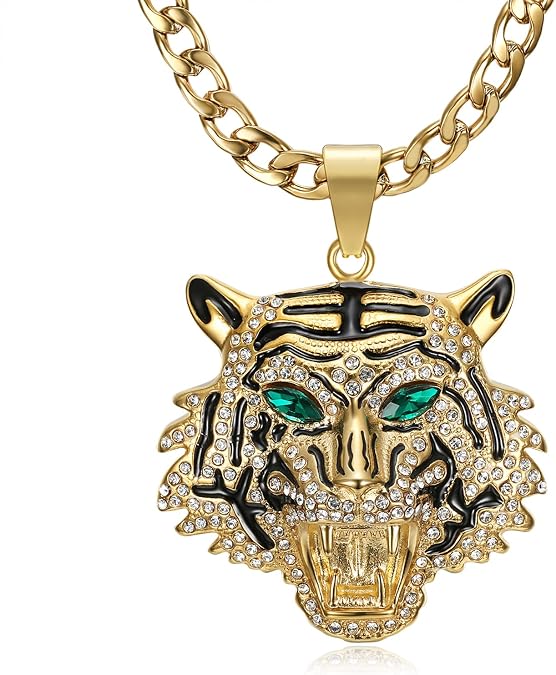 CZ Fully Roaring Tiger Head With Green Red Eyes Pendant Punk Rock Stainless Steel Necklace, 24 Inch 7mm Chain For Men Hip Hop Animal Jewelry-I'm the King