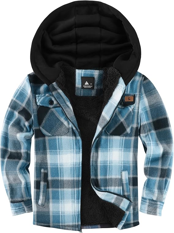 ZITY Boys Flannel Jacket Sherpa Lined Hoodies Zip Up Fleece Plaid Shirt Unisex Winter Coat Kids Outerwear 6-15 Years