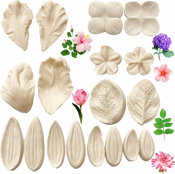 6set Gum Paste Flower Silicone Mold Sugar Flower Embossing Molds | Hydrangea, Dahlia, Plum Blossom, Tulips, Hibiscus Flowers,Leaf,Fondant Veiner Molds,Cupcake Topper,Cake Decorating Tools
