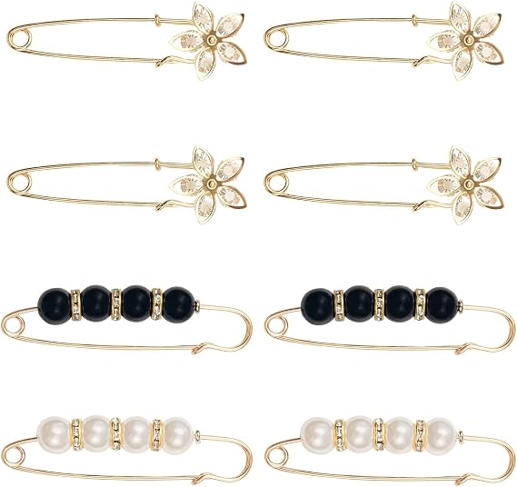 ELANE Decorative Pins for Clothing,Pearl Brooch Pins Pant Waist Tightener Fancy Safety Pins,Large Decorative Safety Pins for Clothes (Black+White-8PCS)