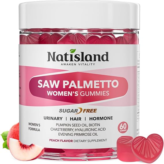 Saw Palmetto for Women Gummies, Organic Saw Palmetto with Pumpkin Seed Oil for Hair Growth, DHT Blocker & Urinary Health, Sugar Free, Vegan, Peach Flavor, 60 Chewable