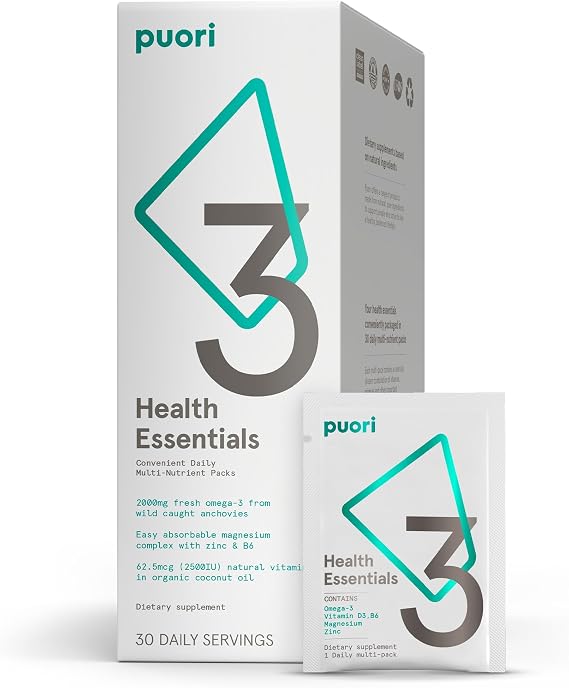 Puori P3 Health Essentials, Daily Multi-Vitamin Packs, 30 Servings | Magnesium Zinc Complex, Omega 3 Fish Oil & Vitamin D3 Supplements for Men & Womens - Daily Supplement for Overall Health