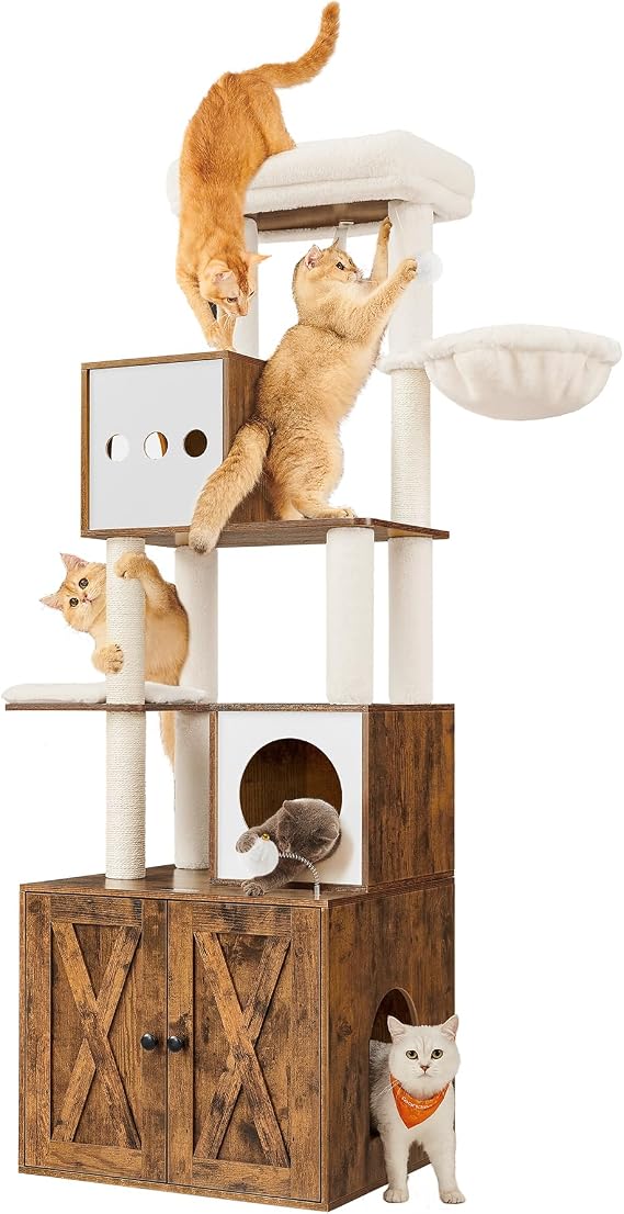 Feandrea Cat Tree with Litter Box Enclosure, 70.1-Inch Tall Cat Tower