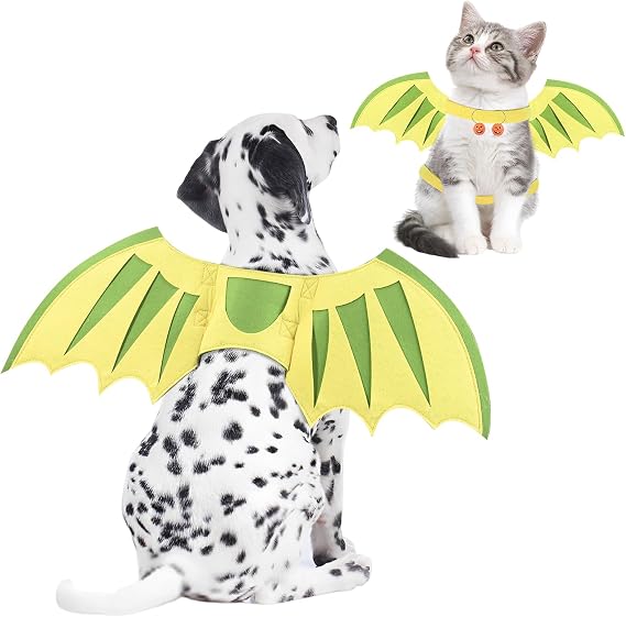 Dog Halloween Costumes Dragon Wings, Dog Costume Small, Medium Large Green & Yellow Felt Cloth Pet Wings, Fantasy, Christmas, Halloween Cosplay, Pumpkin Bells Dog Cat Wings